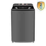 A top-loading washing machine in a dark gray finish with a black control panel, shown on a plain white background with a gold and blue 2-year warranty badge in the upper right corner.
