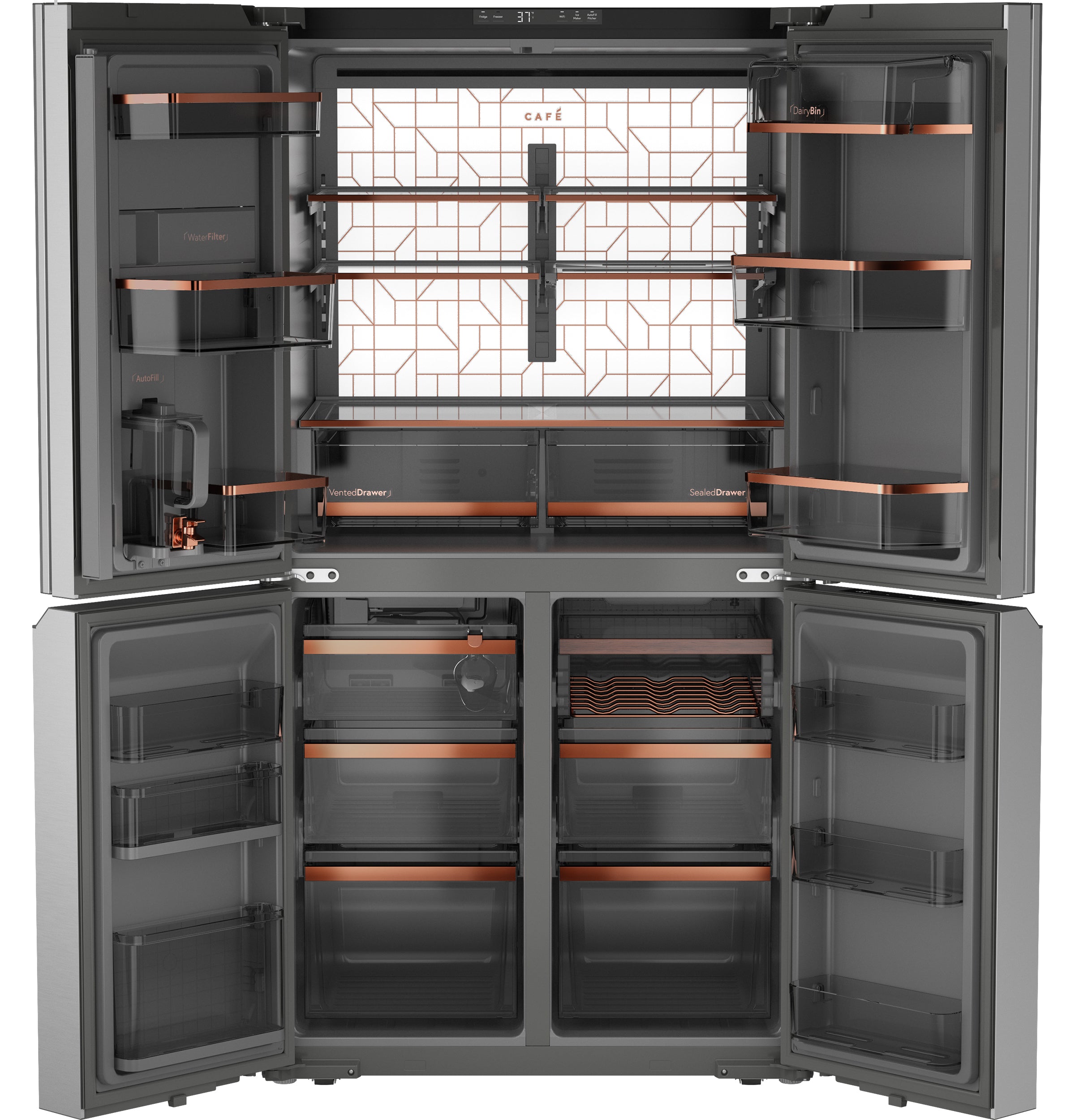 Café Energy Star 22.9 Cu. Ft. Smart Counter-Depth Quad-Door Refrigerator In Platinum Glass With Dual-Dispense Autofill Pitcher - Platinum Glass - Pearl Silver - Refrigerators - Additional View 1