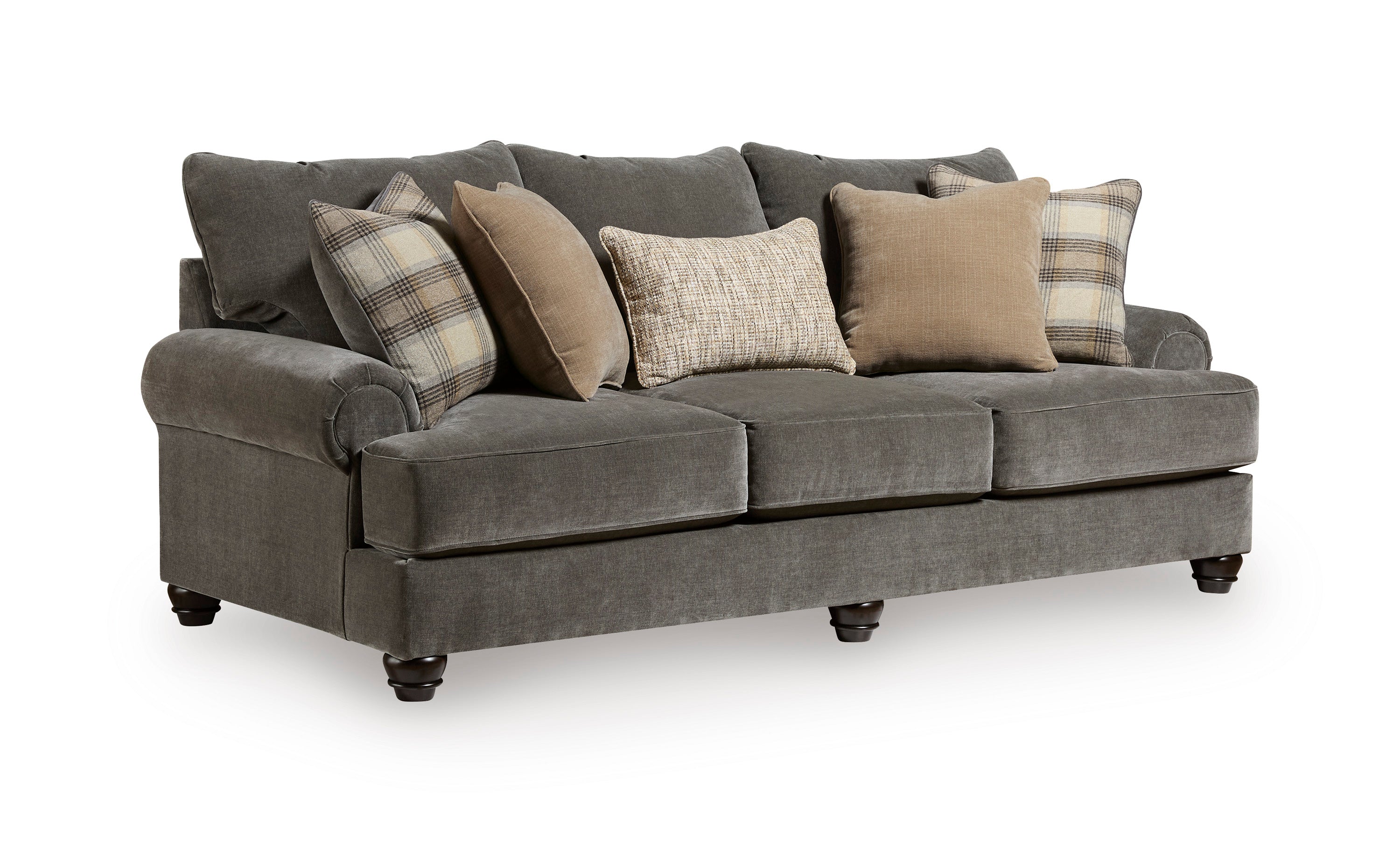 A three-seater sofa upholstered in textured gray fabric, styled with multiple throw pillows in shades of gray, beige, and brown, set against a plain white background.