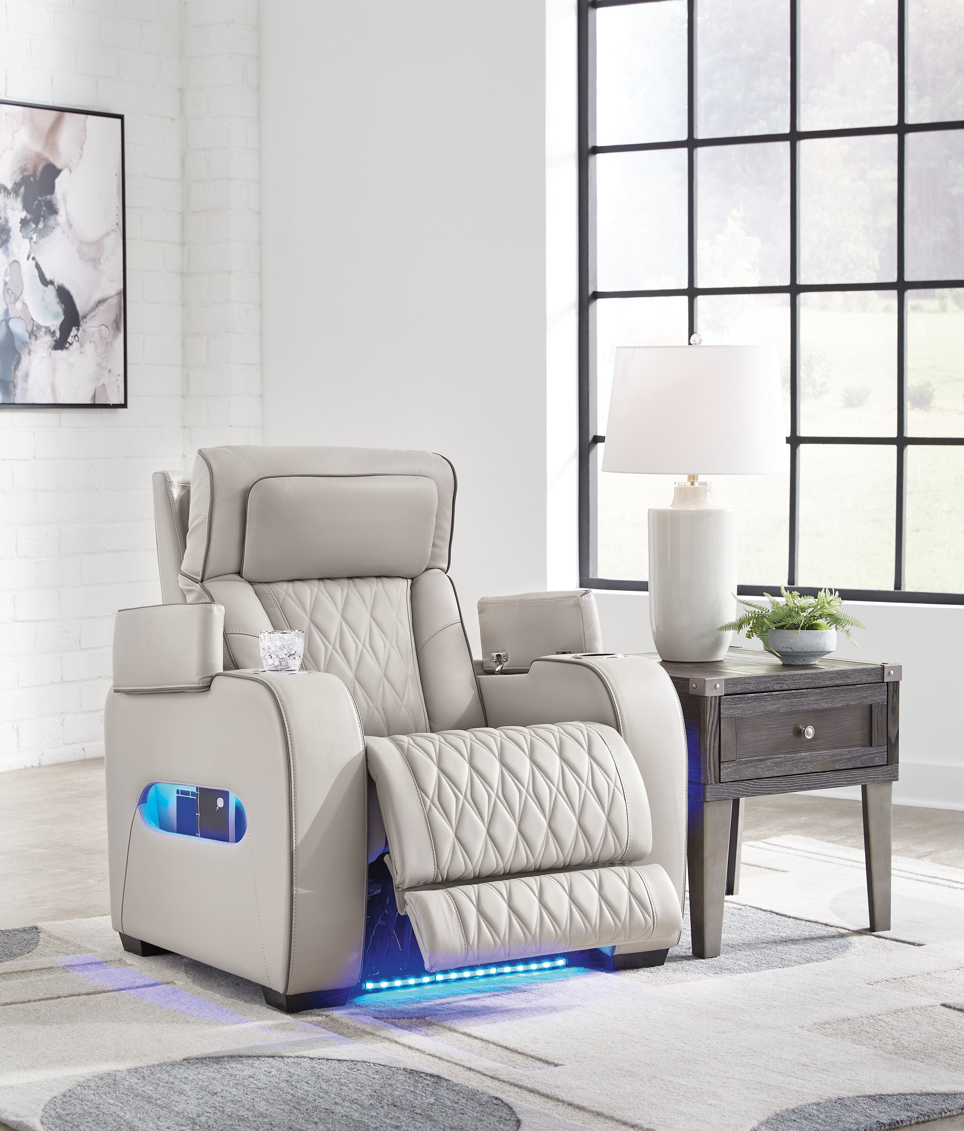 Ashley Furniture - Boyington Power Recliner With Massage, Heat, And Led Lighting - Gray - Leather Match - Recliners - Additional View 6