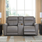 Ashley Furniture - ZELDA COIN LEATHER 2P POWER CONSOLE LOVESEAT WITH MASSAGE - Dark Gray Leather Match - Loveseats