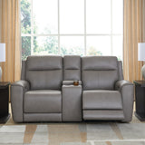 Ashley Furniture - ZELDA COIN LEATHER 2P POWER CONSOLE LOVESEAT WITH MASSAGE - Dark Gray Leather Match - Loveseats
