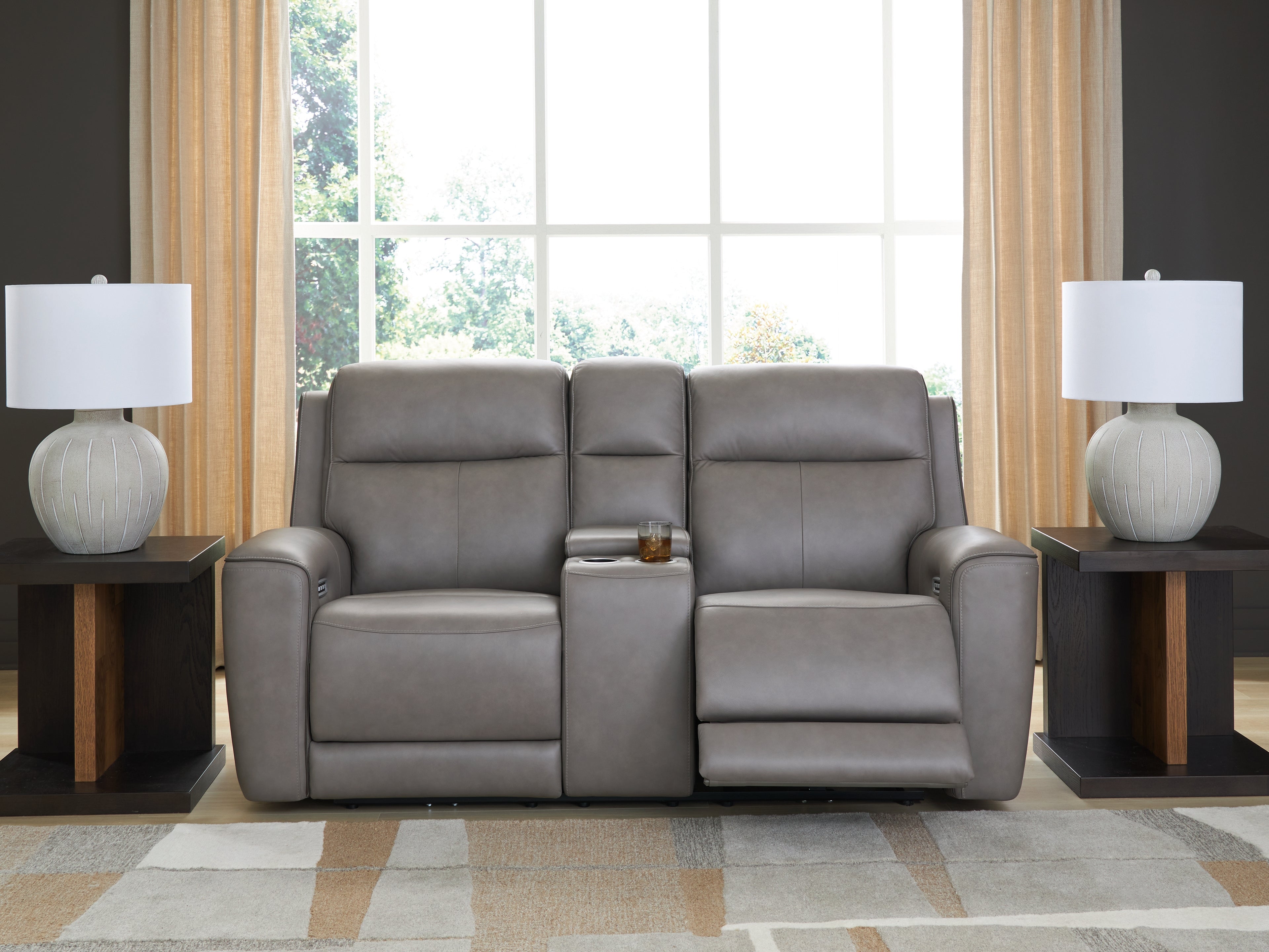 Ashley Furniture - ZELDA COIN LEATHER 2P POWER CONSOLE LOVESEAT WITH MASSAGE - Dark Gray Leather Match - Loveseats