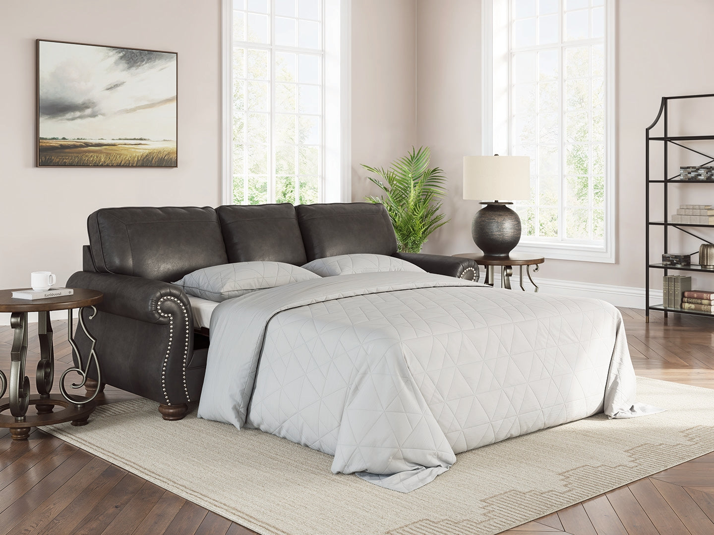 Ashley Furniture - Shadsburne Queen Sofa Sleeper - Granite - Dark Gray Faux Leather - Sofas