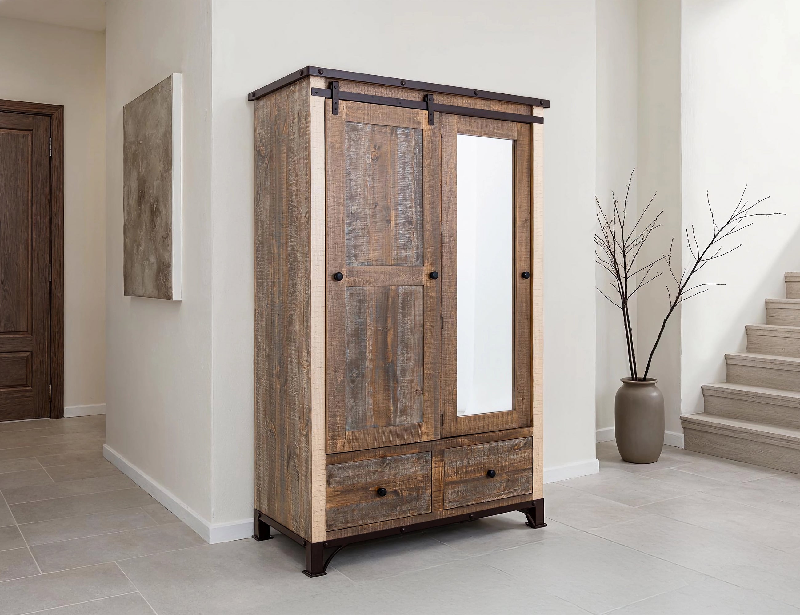 International Furniture Direct - PRAGA MIRROR ARMOIRE - Light Brown Wood - Armoires - Additional View 4