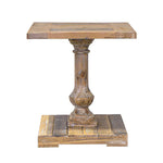 A rustic wooden pedestal side table with a rectangular top, turned central column, and matching block base, shown on a plain white background.