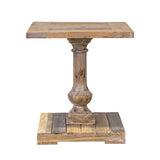 A rustic wooden pedestal side table with a rectangular top, turned central column, and matching block base, shown on a plain white background.