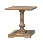 Wooden side table with a pedestal base on a white background