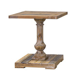 Wooden side table with a pedestal base on a white background