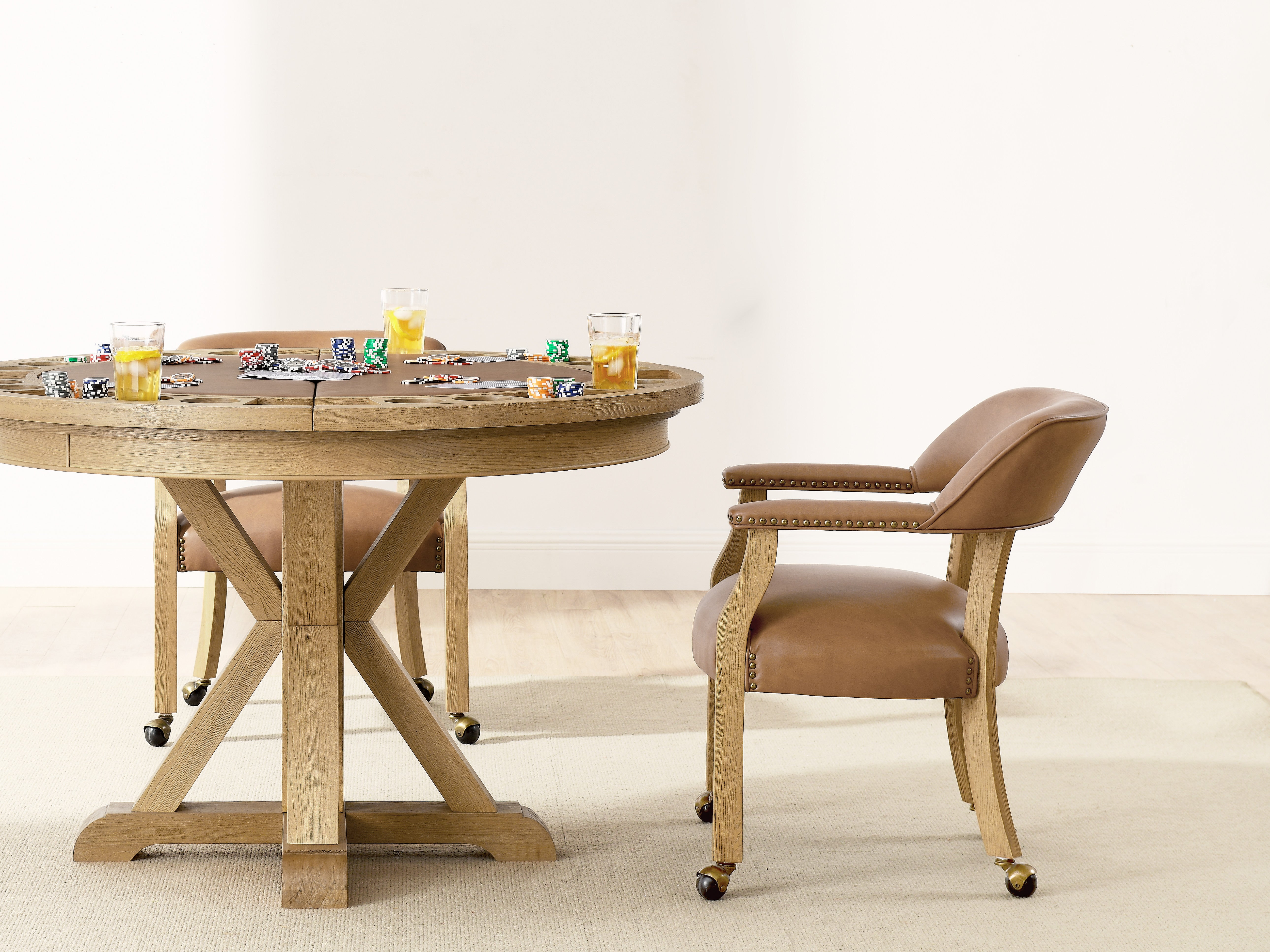 Steve Silver Furniture - RYLIE DINING ARM CHAIR WITH CASTERS - Light Brown Wood|Faux Leather - Chairs - Additional View 3