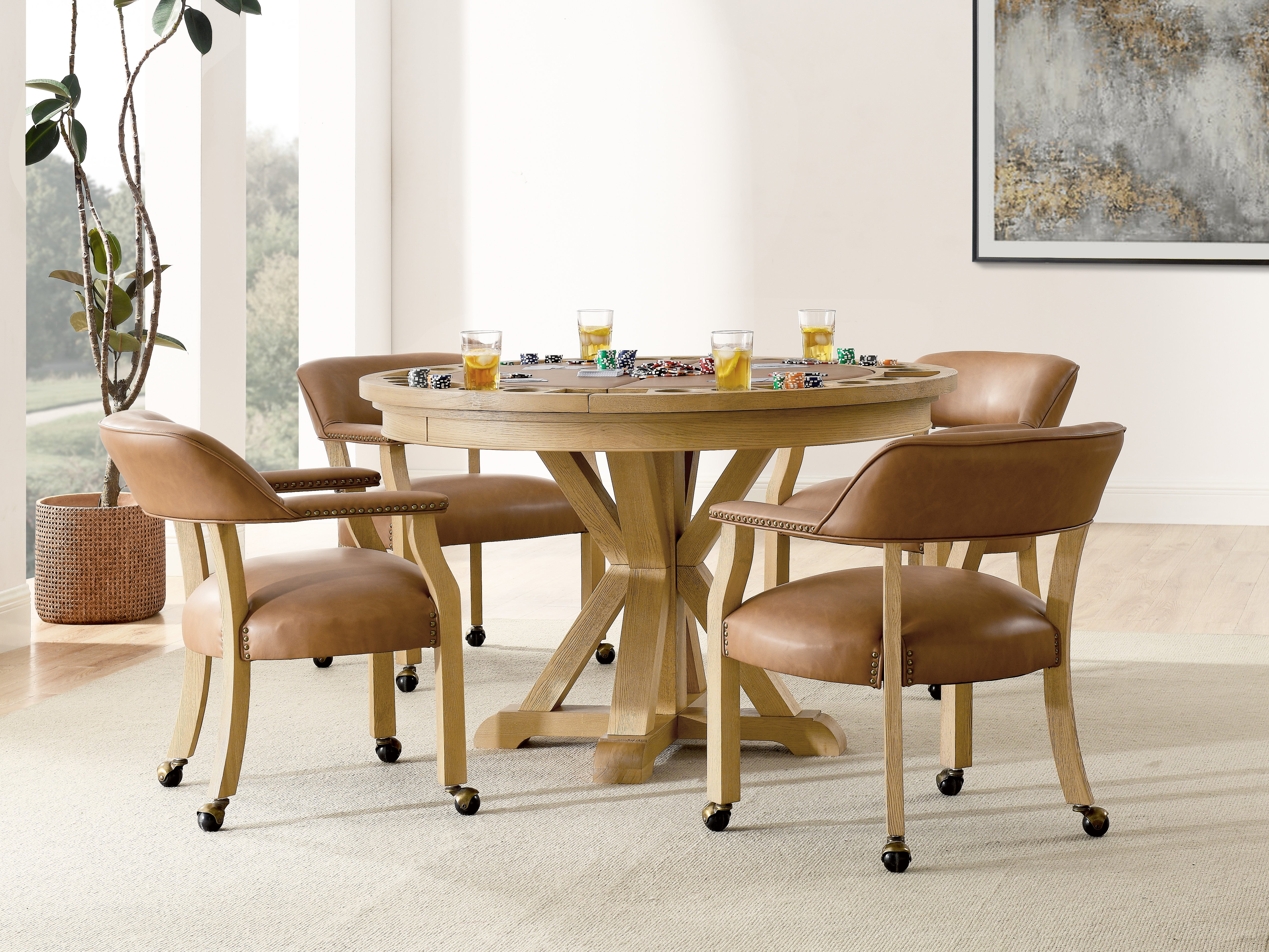 Steve Silver Furniture - RYLIE DINING ARM CHAIR WITH CASTERS - Light Brown Wood|Faux Leather - Chairs - Additional View 4