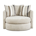 Beige swivel armchair with striped cushions on a white background