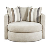 Beige swivel armchair with striped cushions on a white background