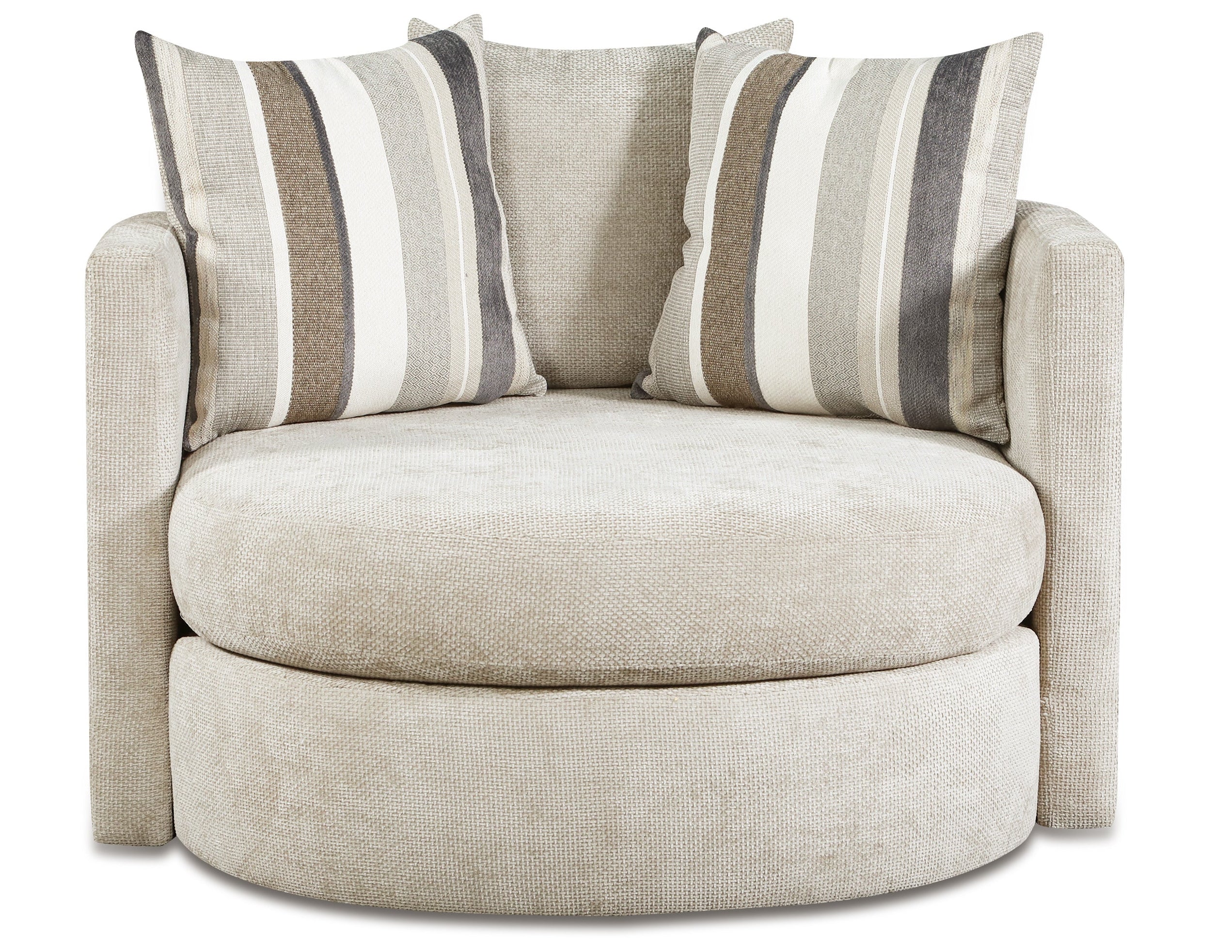 Beige swivel armchair with striped cushions on a white background