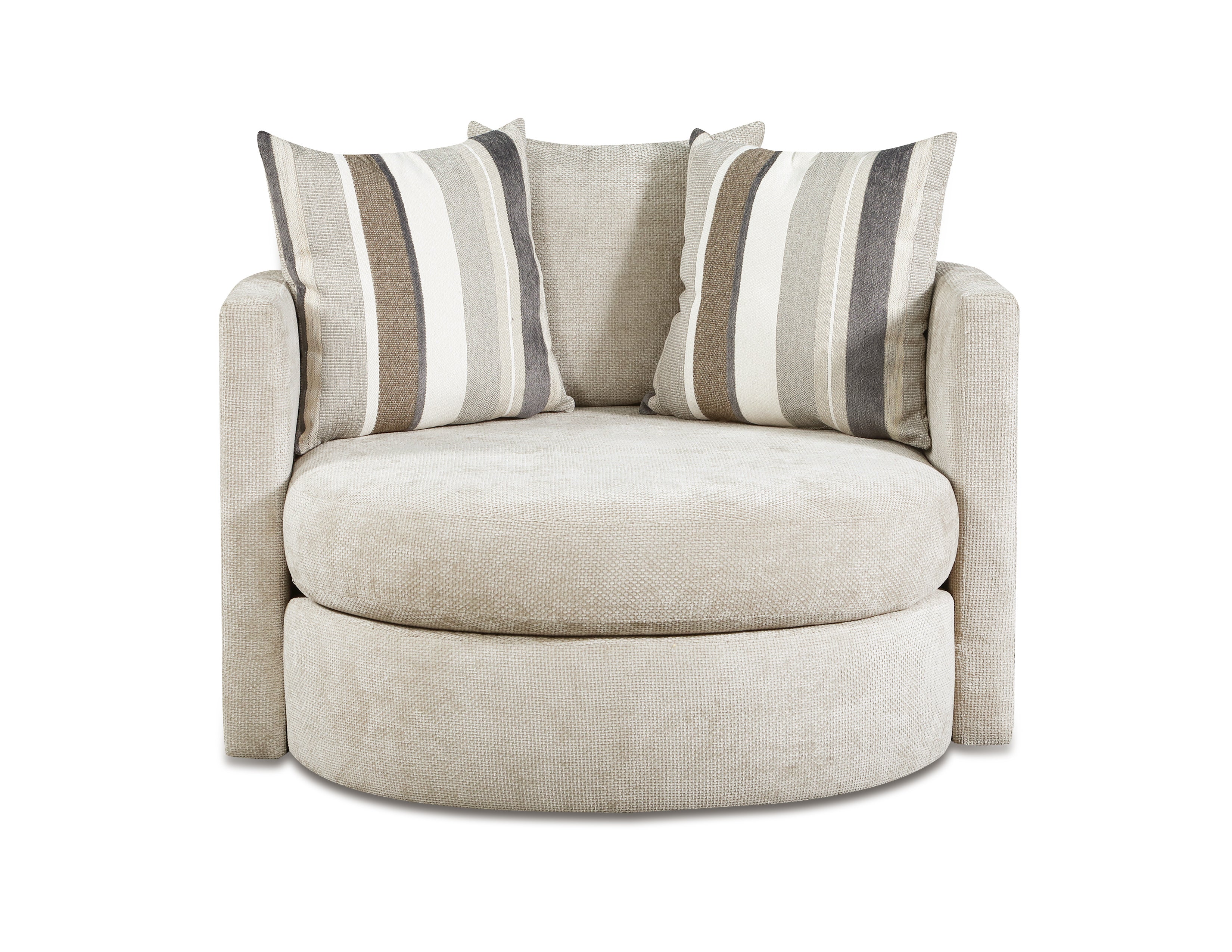 Beige swivel armchair with striped cushions on a white background