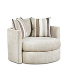 Beige swivel armchair with striped cushions on a white background