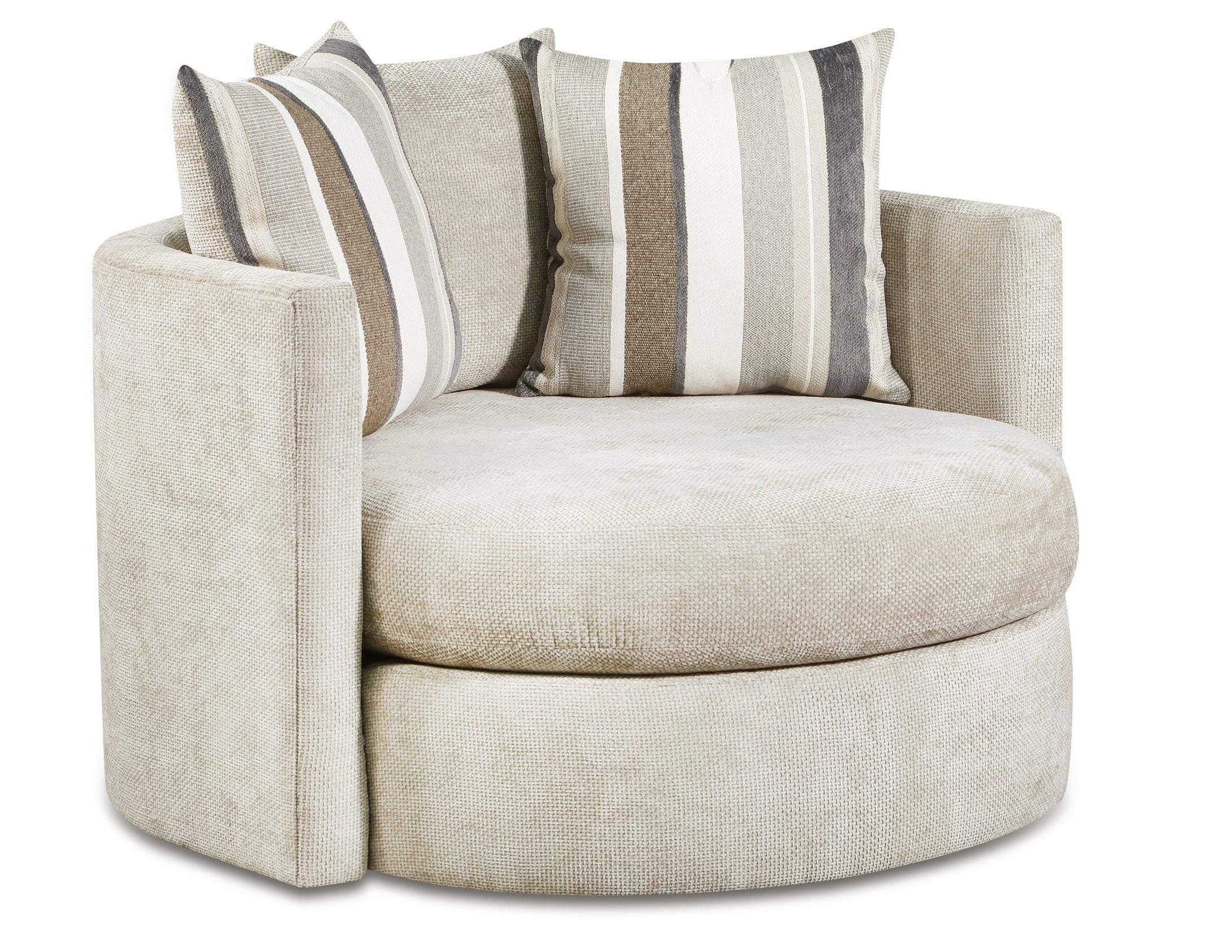 Beige swivel armchair with striped cushions on a white background