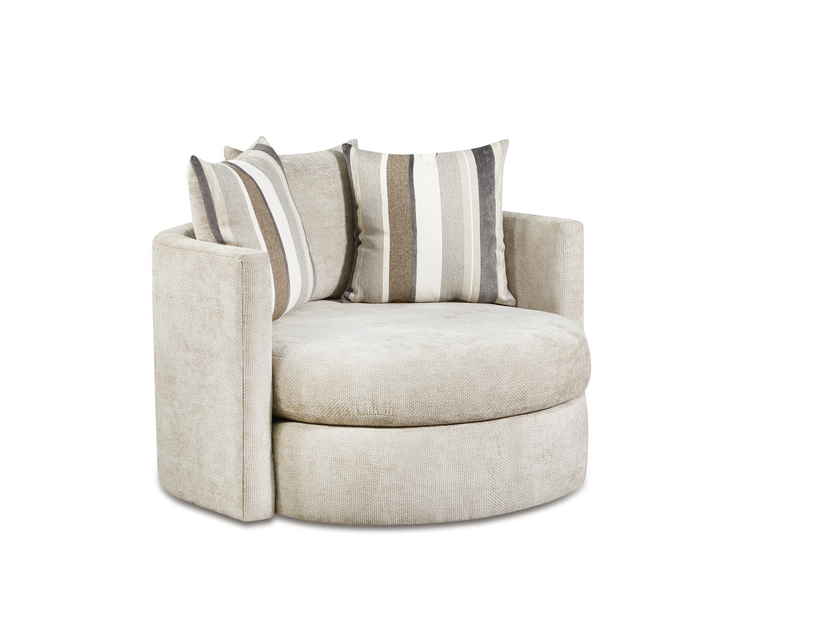 Beige swivel armchair with striped cushions on a white background