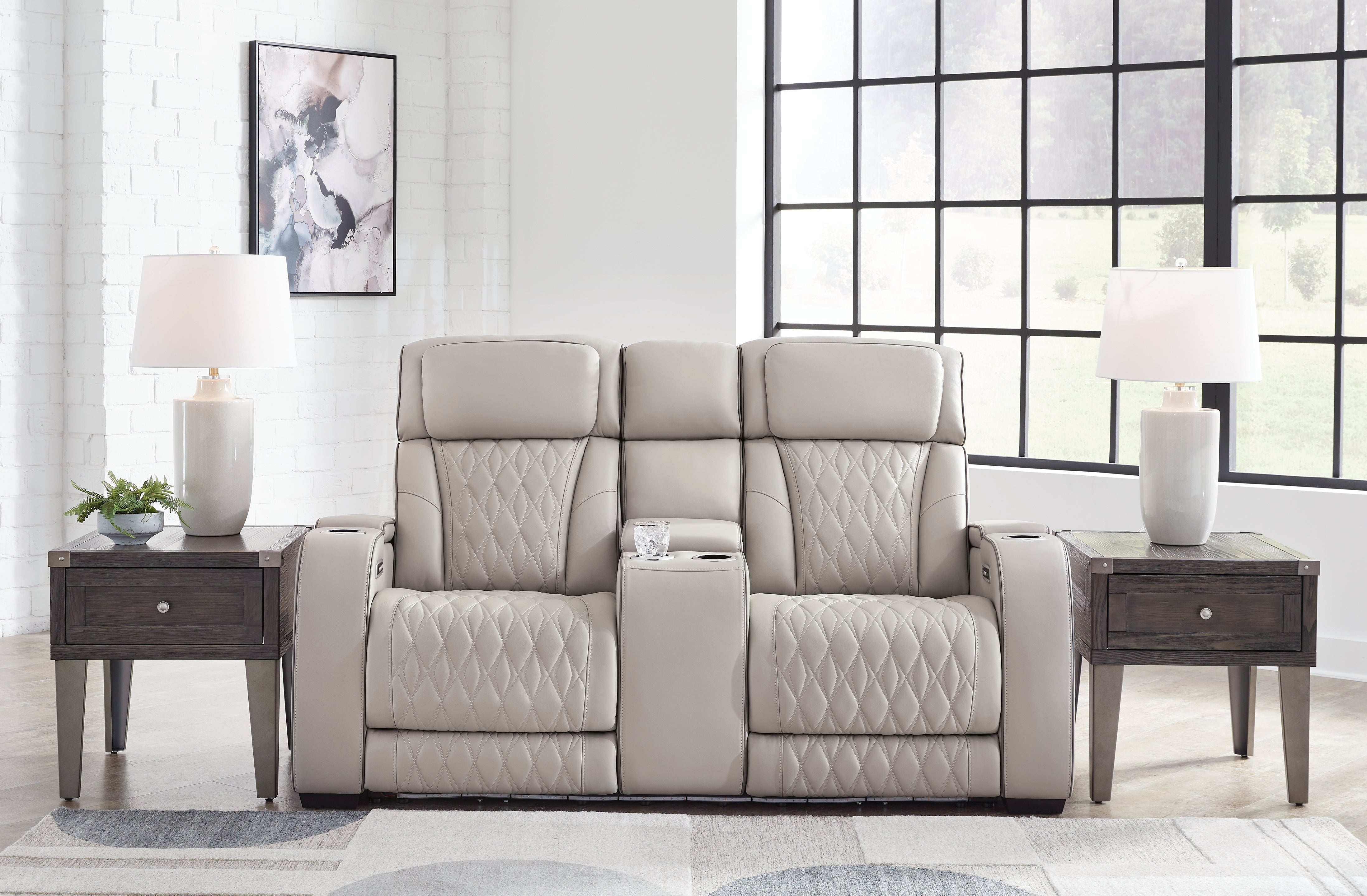 Ashley Furniture - Boyington Power Console Loveseat With Massage, Heat, And Led Lighting - Gray - Leather Match - Loveseats - Additional View 1