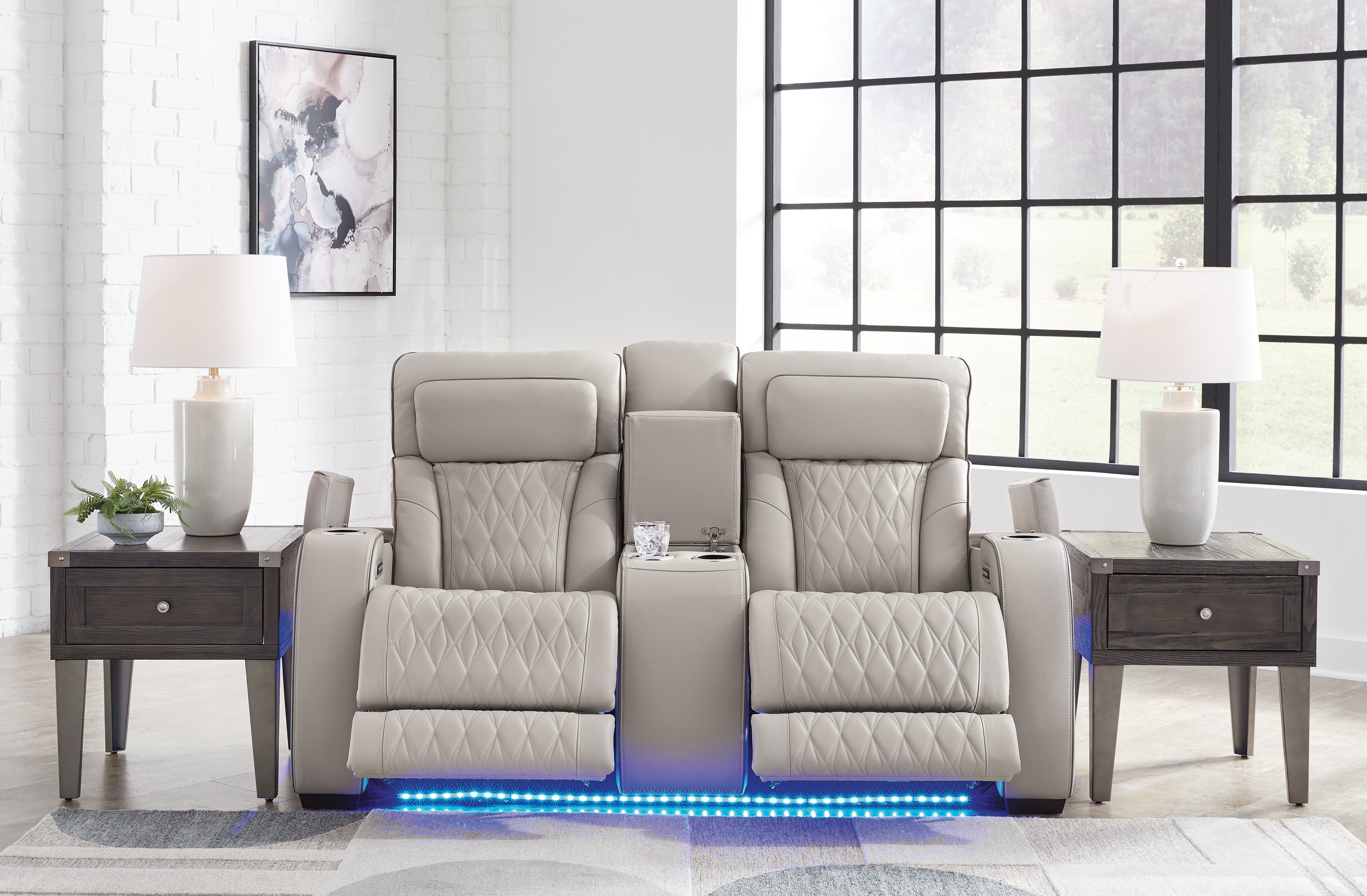 Ashley Furniture - Boyington Power Console Loveseat With Massage, Heat, And Led Lighting - Gray - Leather Match - Loveseats - Additional View 7
