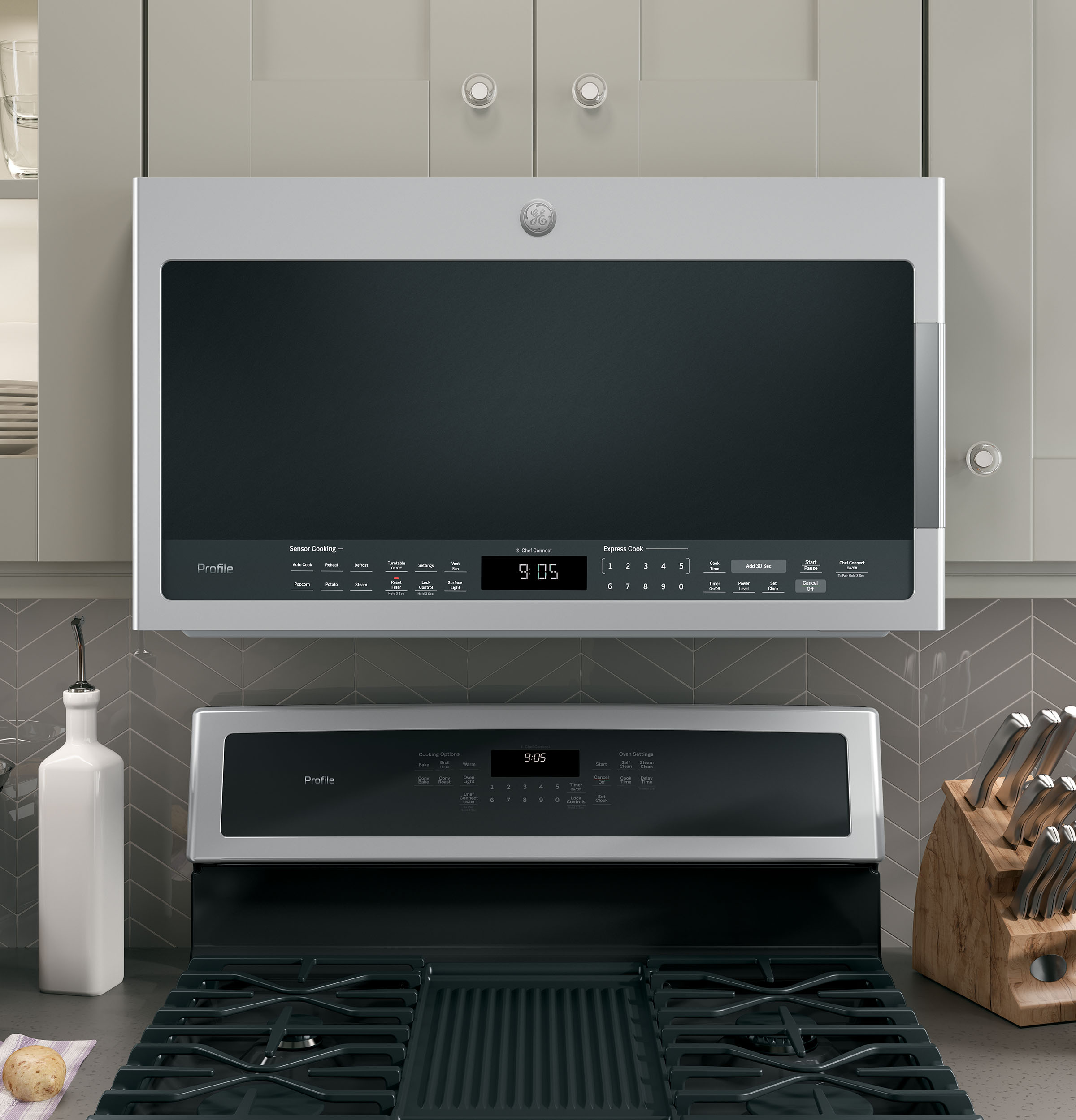 GE PROFILE STAINLESS 2.1CU OVER-THE-RANGE MICROWAVE OVEN - Pearl Silver|Black - Microwaves - Additional View 2