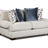 A two-seater loveseat sofa upholstered in light beige textured fabric, styled with four decorative throw pillows including two solid navy blue velvet pillows and two patterned pillows, shown on a plain white background.