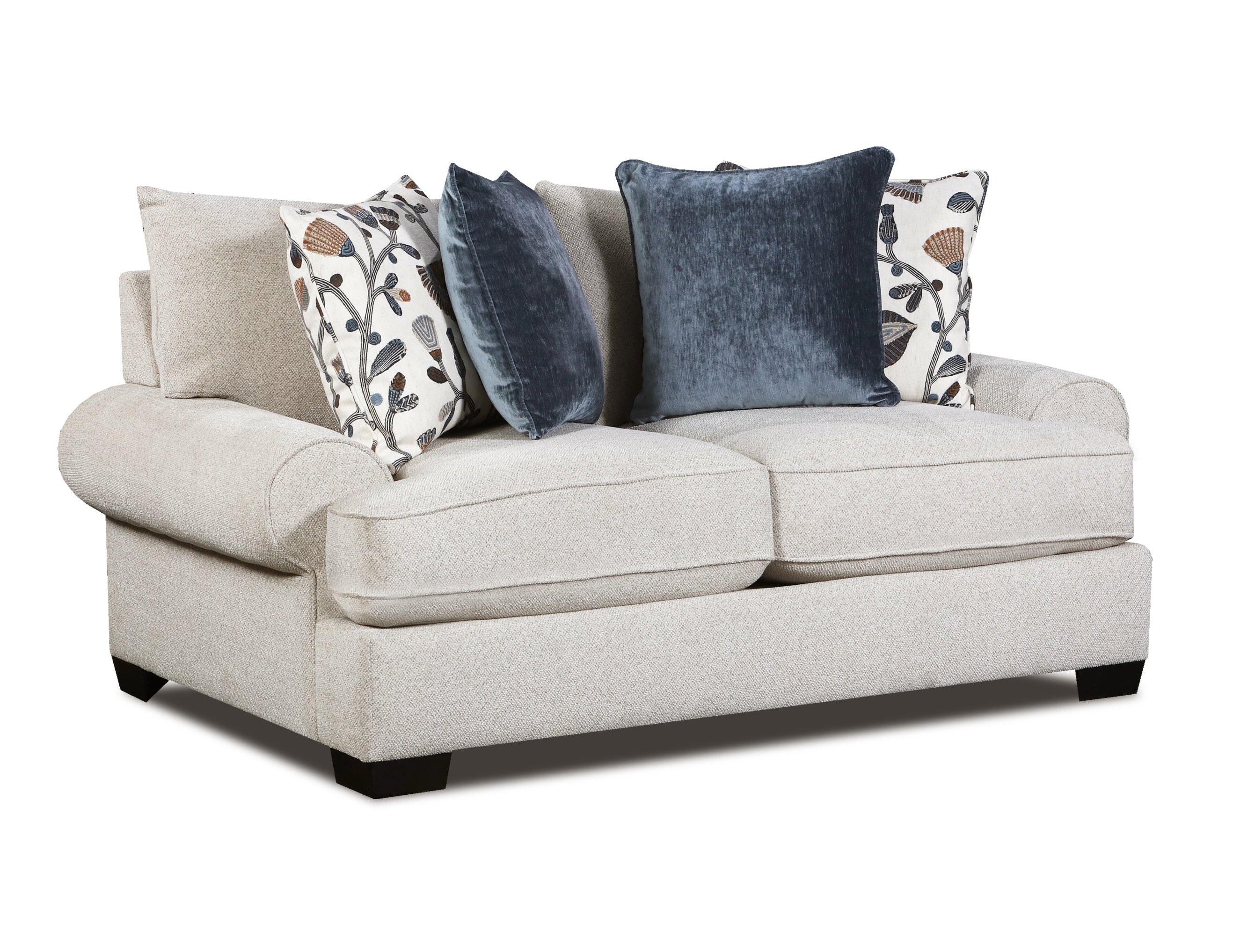 A two-seater loveseat sofa upholstered in light beige textured fabric, styled with four decorative throw pillows including two solid navy blue velvet pillows and two patterned pillows, shown on a plain white background.