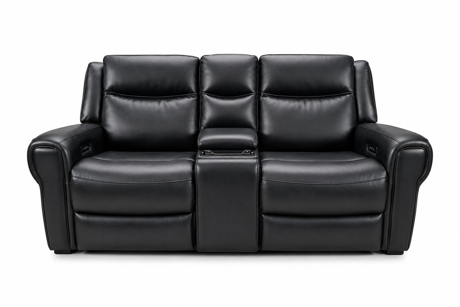 Black leather three-seat recliner sofa with a center console armrest and cup holder, shown from the front on a white background.