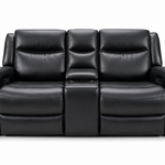 Black leather three-seat recliner sofa with a center console armrest and cup holder, shown from the front on a white background.