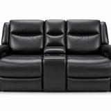 Black leather three-seat recliner sofa with a center console armrest and cup holder, shown from the front on a white background.