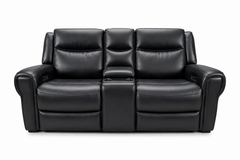 Black leather three-seat recliner sofa with a center console armrest and cup holder, shown from the front on a white background.