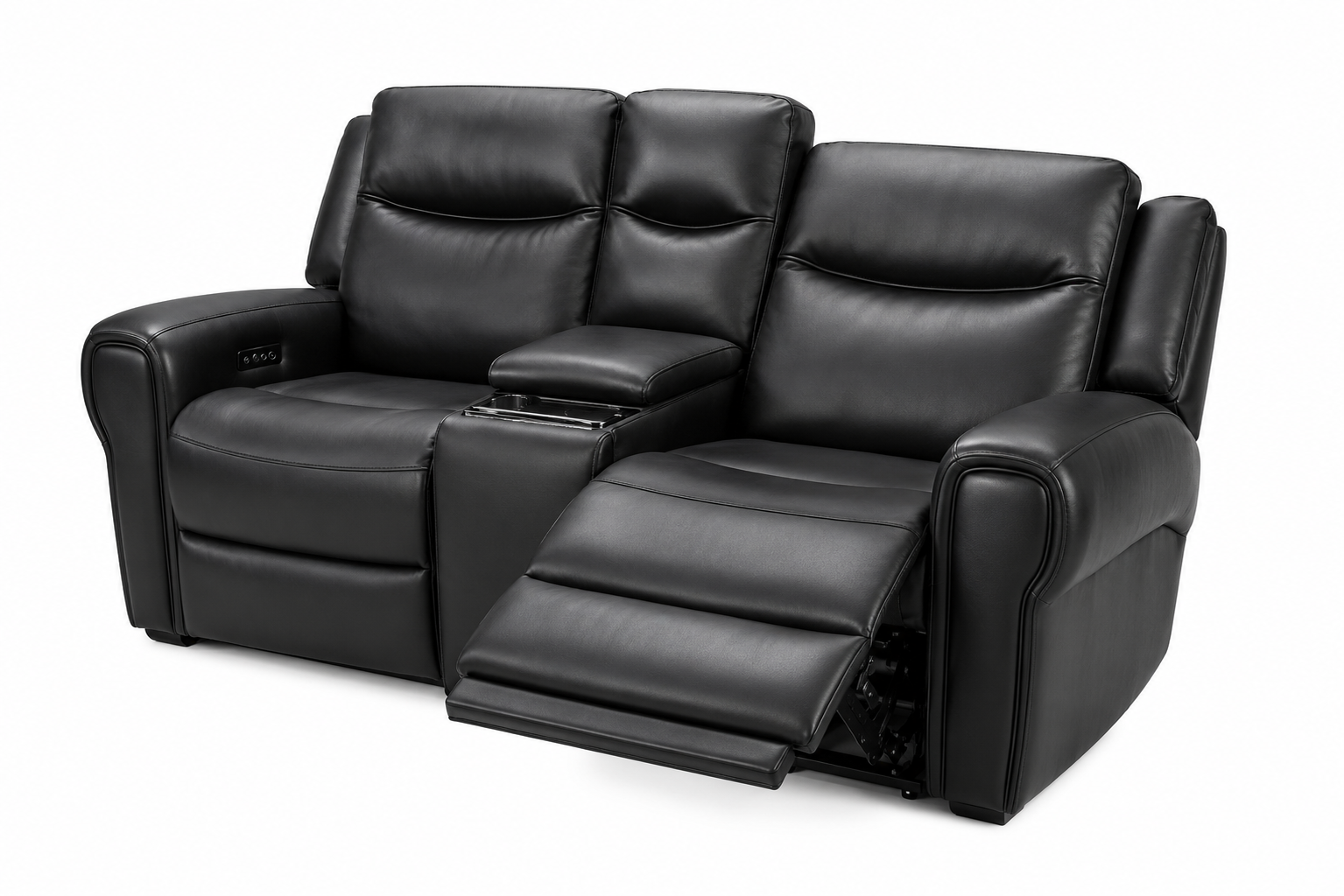 Black leather reclining loveseat with a center console and extended front recliner seat, shown on a white background.