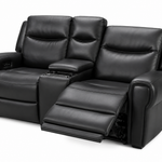 Black leather reclining loveseat with a center console and extended front recliner seat, shown on a white background.