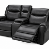 Black leather reclining loveseat with a center console and extended front recliner seat, shown on a white background.