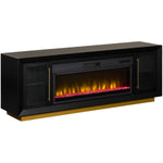 A modern black electric fireplace TV stand with gold accents, featuring a glowing firebox with yellow and orange flames and red embers, shown on a solid white background.
