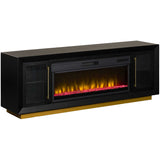 A modern black electric fireplace TV stand with gold accents, featuring a glowing firebox with yellow and orange flames and red embers, shown on a solid white background.
