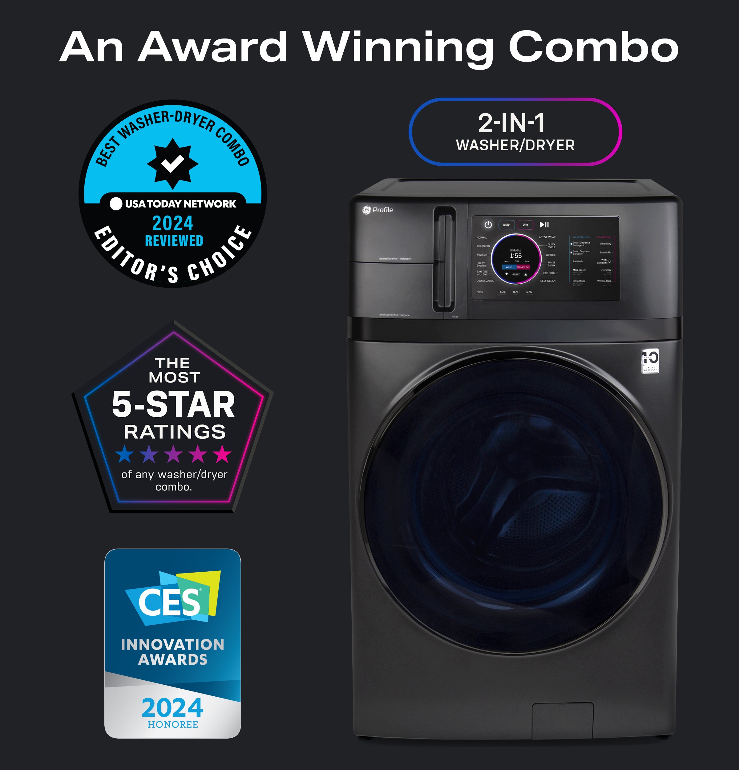 GE PROFILE 4.8CU CARBON GRAPHITE ULTRAFAST WASHER/DRYER COMBO WITH VENTLESS HEAT PUMP - Black - Washers