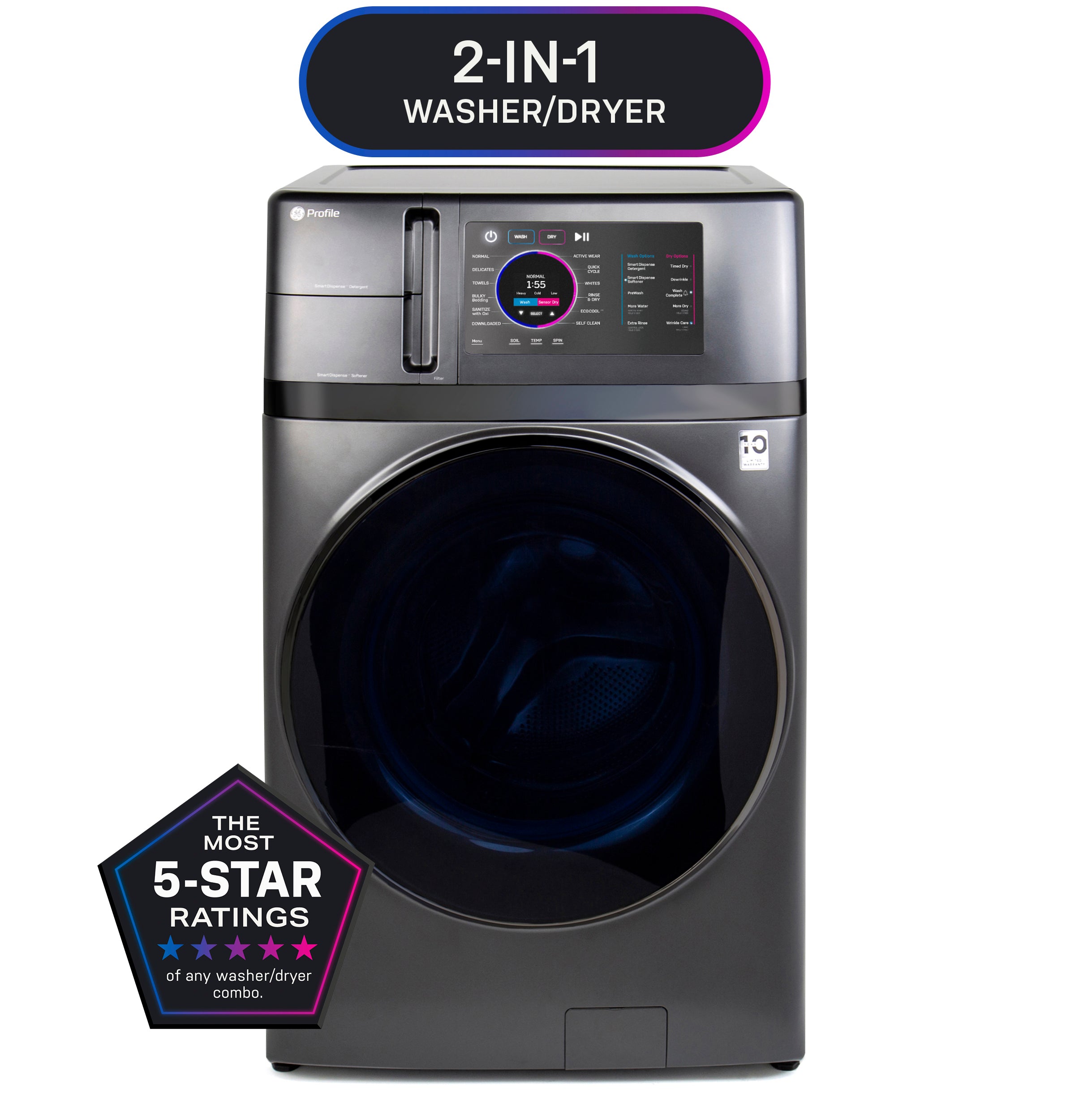 GE PROFILE 4.8CU CARBON GRAPHITE ULTRAFAST WASHER/DRYER COMBO WITH VENTLESS HEAT PUMP - Black - Washers - Additional View 1