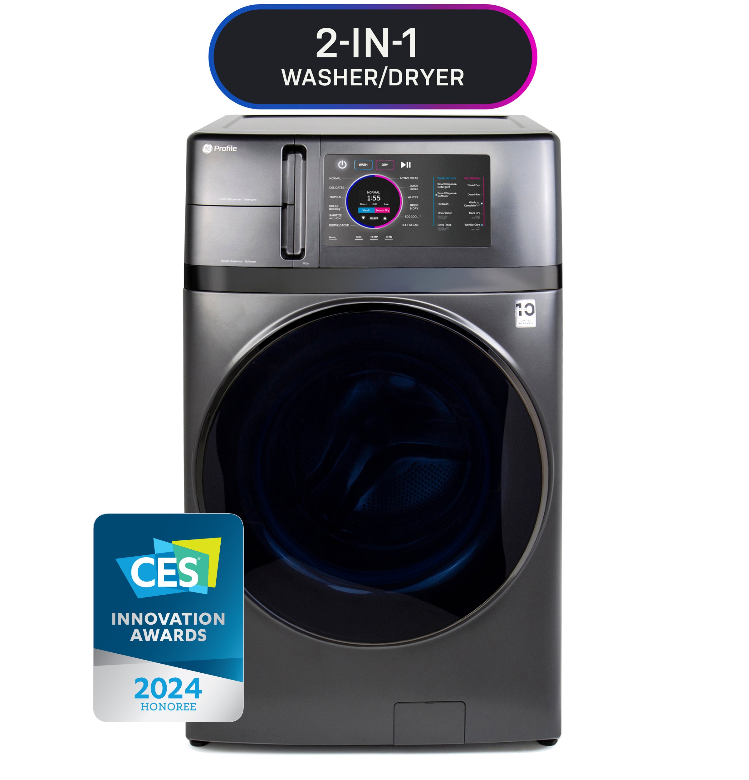 GE PROFILE 4.8CU CARBON GRAPHITE ULTRAFAST WASHER/DRYER COMBO WITH VENTLESS HEAT PUMP - Black - Washers - Additional View 2