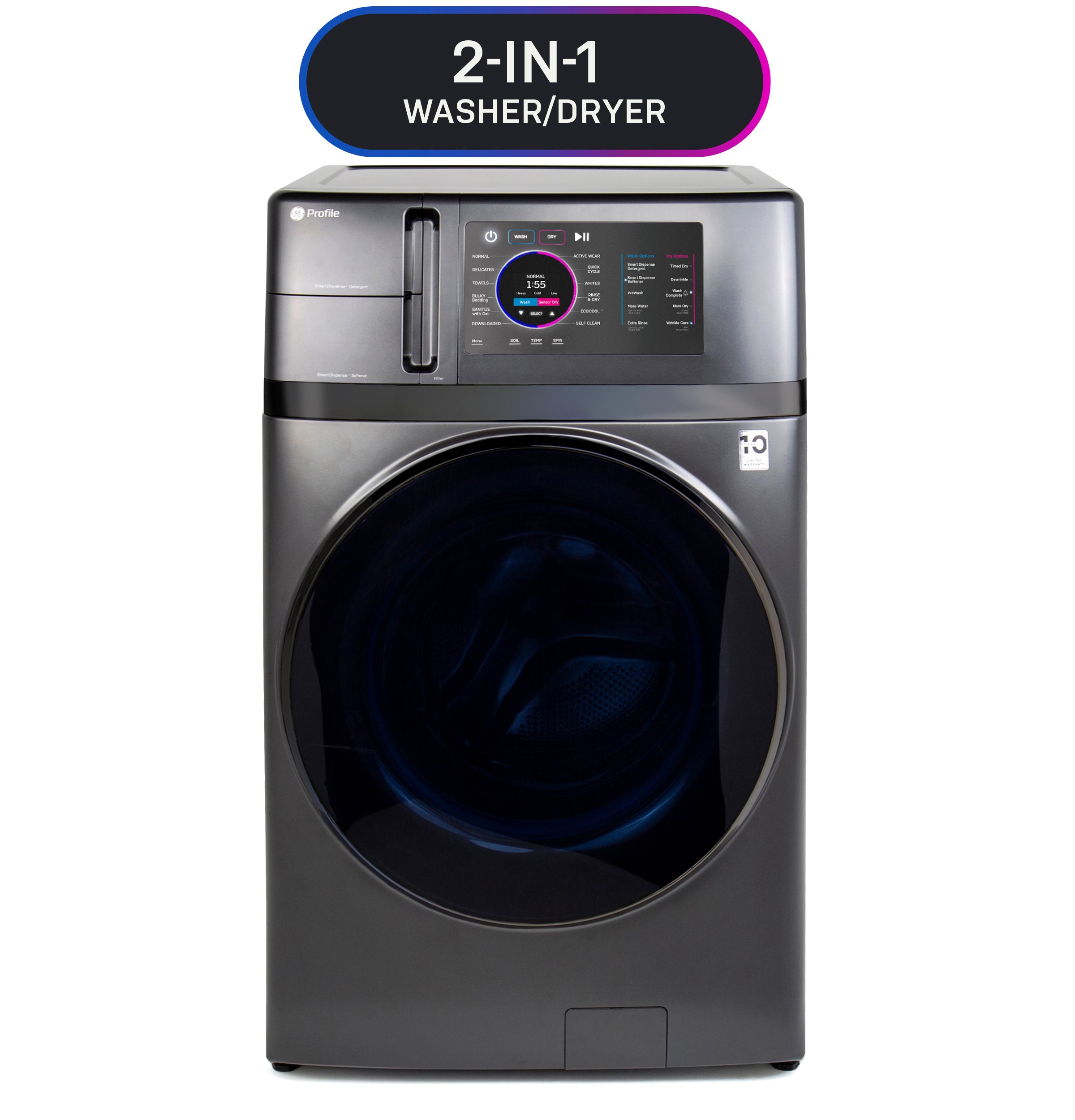 GE PROFILE 4.8CU CARBON GRAPHITE ULTRAFAST WASHER/DRYER COMBO WITH VENTLESS HEAT PUMP - Black - Washers - Additional View 4