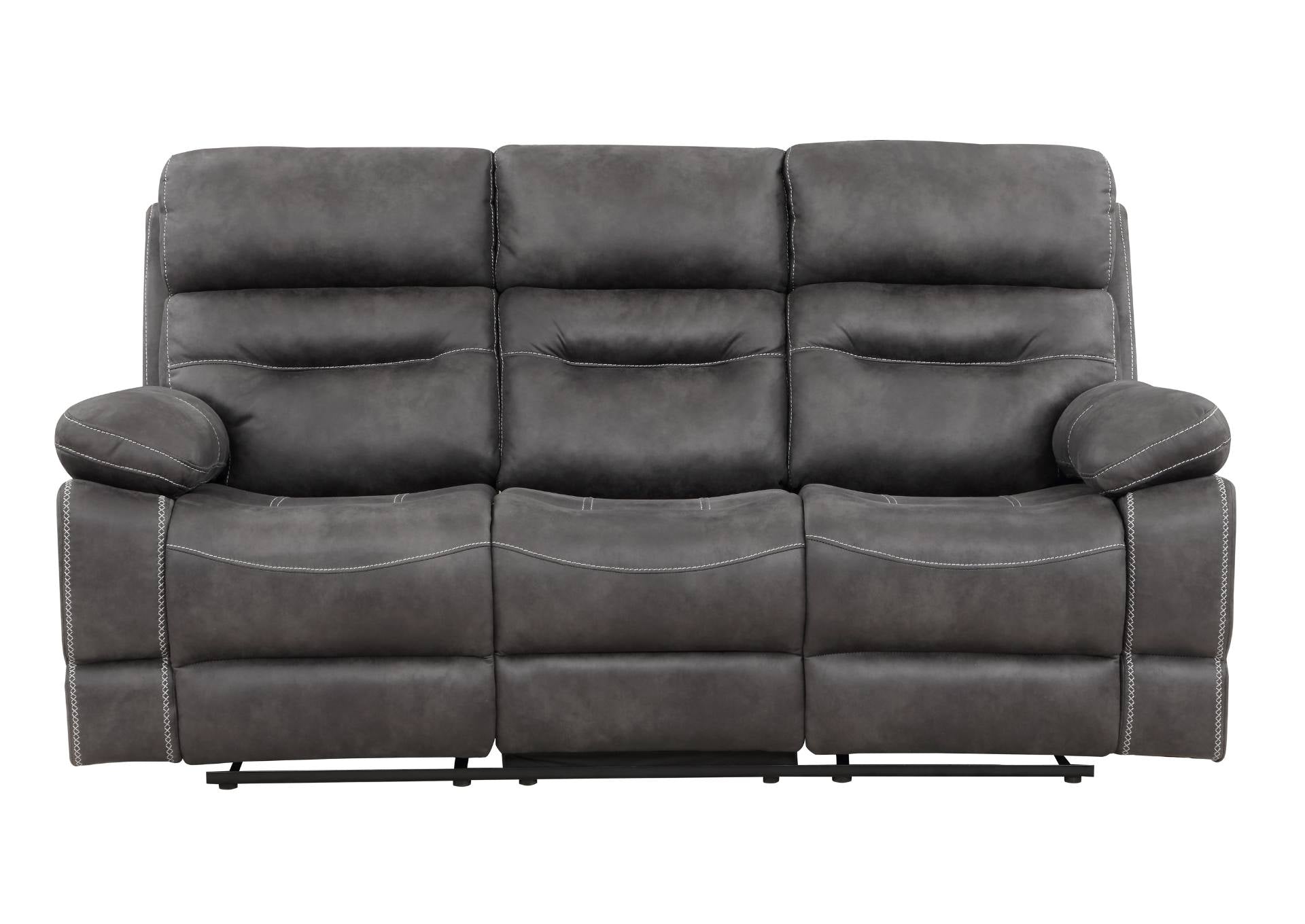 A three-seat power reclining sofa upholstered in dark gray textured fabric, shown from a front-facing angle on a plain white background.