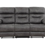 A three-seat power reclining sofa upholstered in dark gray textured fabric, shown from a front-facing angle on a plain white background.