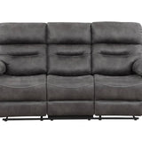 A three-seat power reclining sofa upholstered in dark gray textured fabric, shown from a front-facing angle on a plain white background.