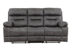 A three-seat power reclining sofa upholstered in dark gray textured fabric, shown from a front-facing angle on a plain white background.
