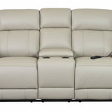 A light beige leather reclining sofa with a console with built-in remote controls on the seat and armrests, shown against a plain white background.