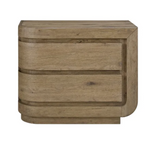 A two-drawer nightstand with a modern curved design, crafted from light brown wood with visible grain patterns, shown against a plain white background.