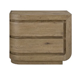 A two-drawer nightstand with a modern curved design, crafted from light brown wood with visible grain patterns, shown against a plain white background.