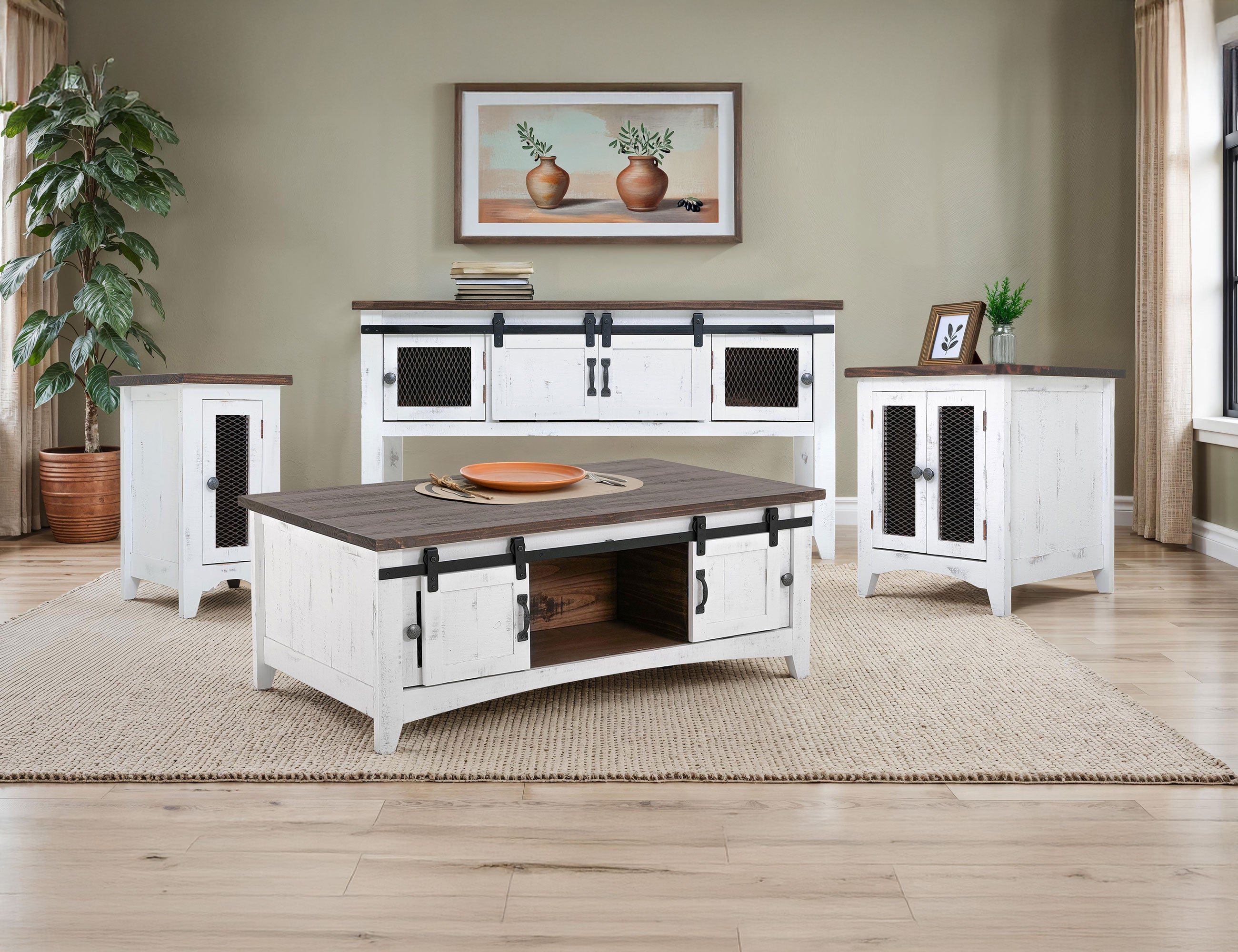 International Furniture Direct - PUEBLO WHITE CHAIRSIDE TABLE - White|Dark Brown Wood - Tables - Additional View 3