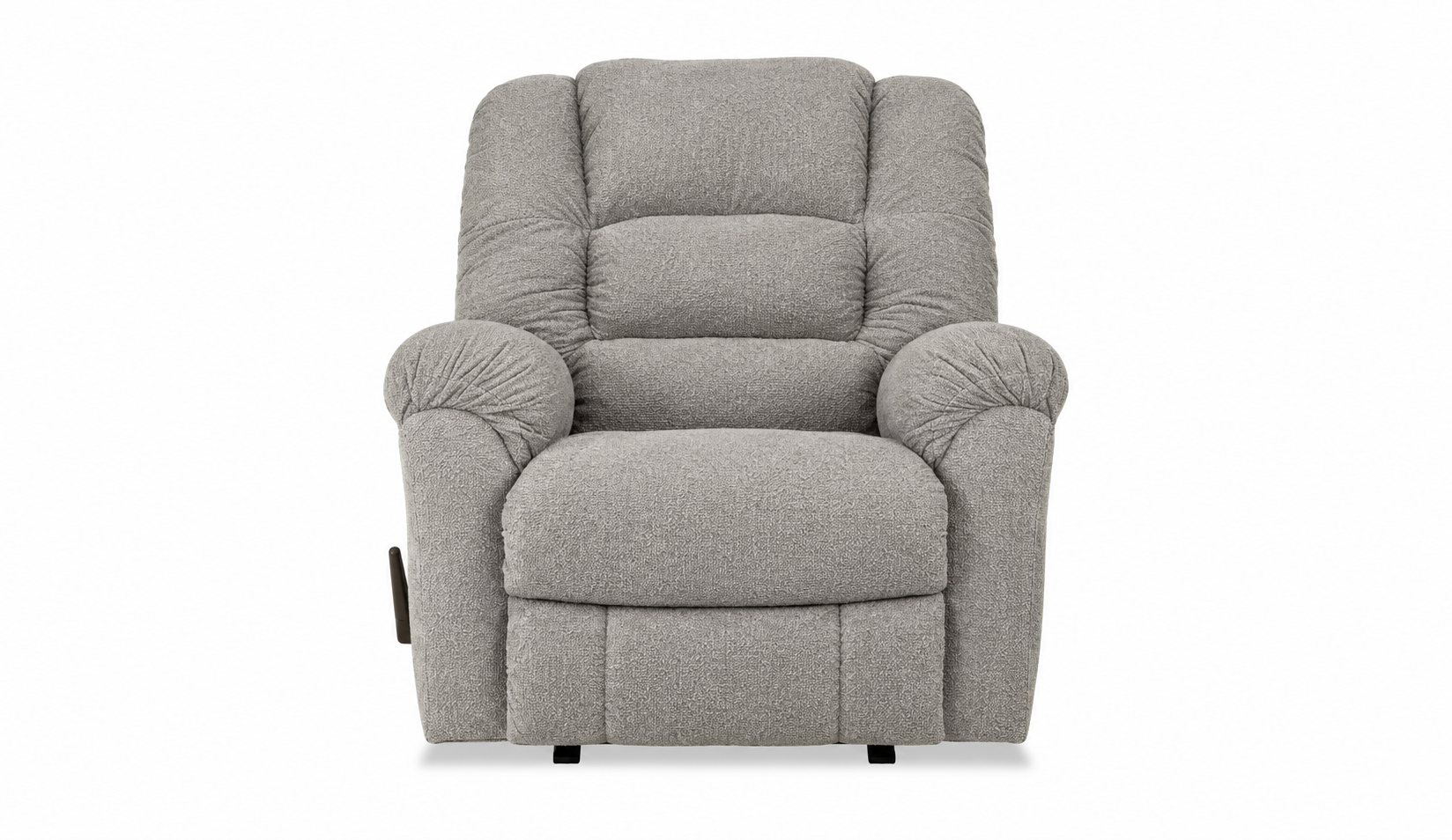 A light gray upholstered recliner chair with padded backrest, wide armrests, and a cushioned seat, shown against a plain white background.