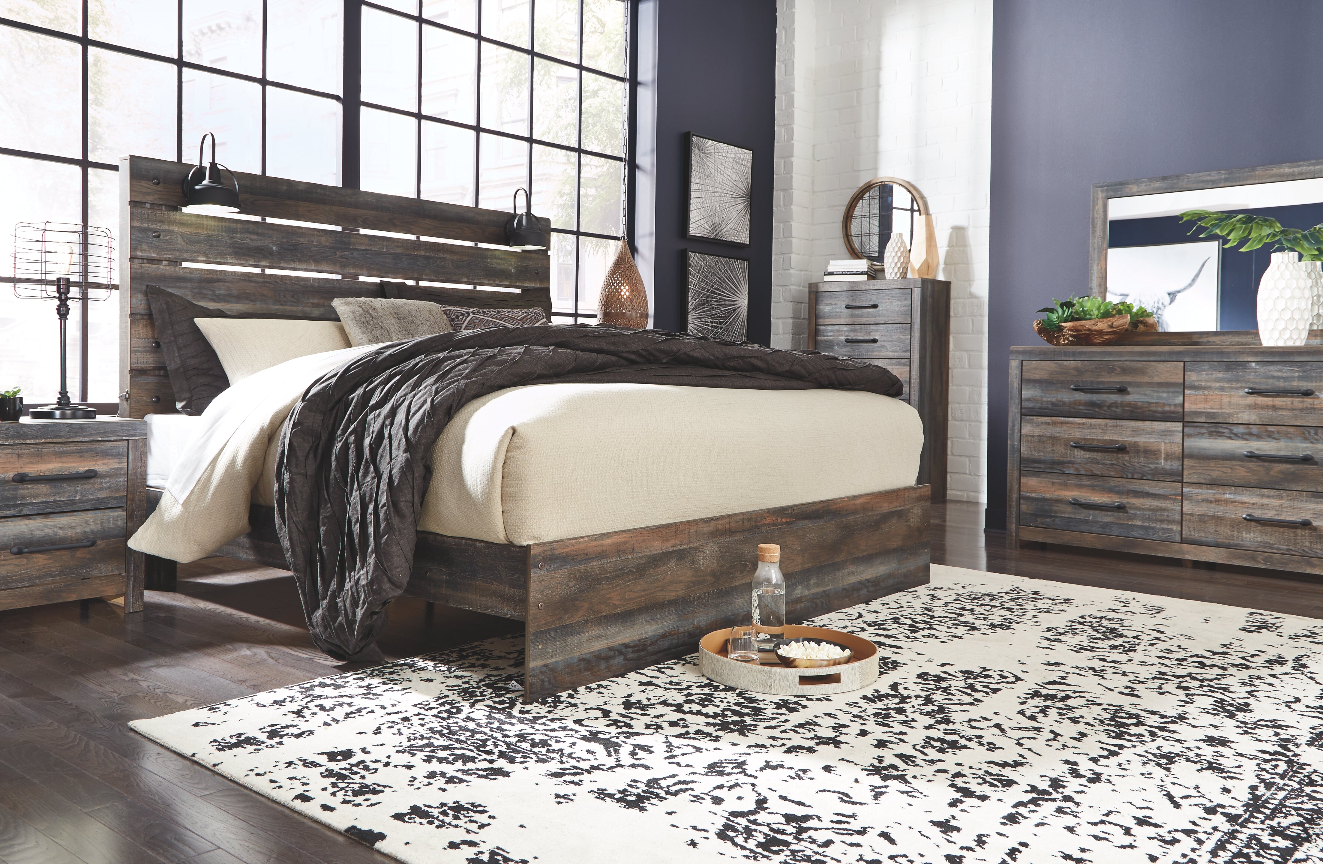 Ashley Furniture - Drystan King Panel Bed With Lights - Brown - Beige Wood - Beds - Additional View 3